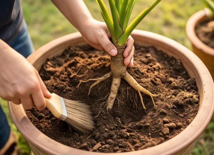Đôi bàn tay người làm vườn đang bới nhẹ lớp đất mặt để kiểm tra cấu trúc bộ rễ cái to khỏe của cây cảnh