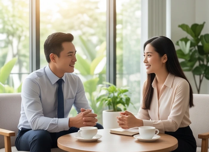 Hai đối tác trao đổi công việc thân thiện tại phòng khách trà đạo bên khung cửa sổ ngập tràn ánh sáng
