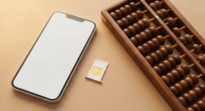 Chiếc điện thoại thông minh cùng thẻ sim mới đặt trên bàn gỗ thể hiện cách chọn đuôi số tương sinh cho người tuổi Tý
