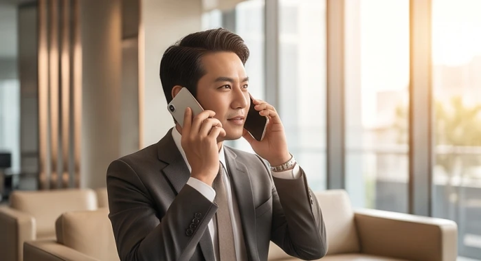 Doanh nhân trẻ tự tin sử dụng điện thoại thông minh cho các cuộc gọi đàm phán thương mại kinh doanh