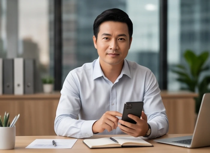 Doanh nhân tuổi Quý Sửu cầm điện thoại di động thông minh trong phòng làm việc sang trọng hỗ trợ kết nối đối tác