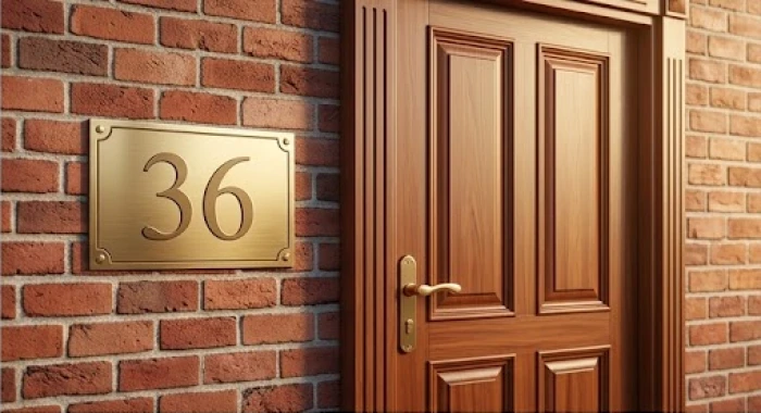 Bảng số nhà bằng đồng sáng bóng gắn trên bức tường gạch đỏ trước cửa ra vào của một gia đình