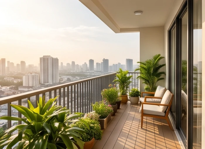 Ban công căn hộ chung cư cao tầng thoáng đãng đón ánh sáng ấm áp hợp phong thủy gia chủ tuổi Dần