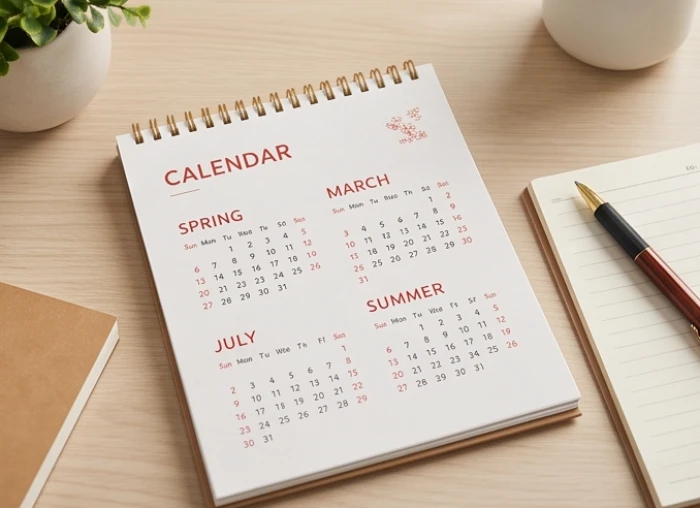 Lịch để bàn đánh dấu tháng 4 và tháng 5 âm lịch cát lợi bên cạnh sổ tay ghi chép kế hoạch gia đình