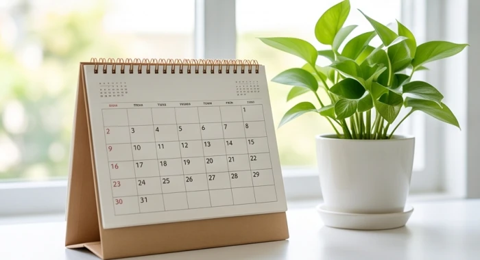 Lịch phong thủy ghi dấu chọn tháng sinh con năm 2024 đặt cạnh chậu cây xanh tươi tốt