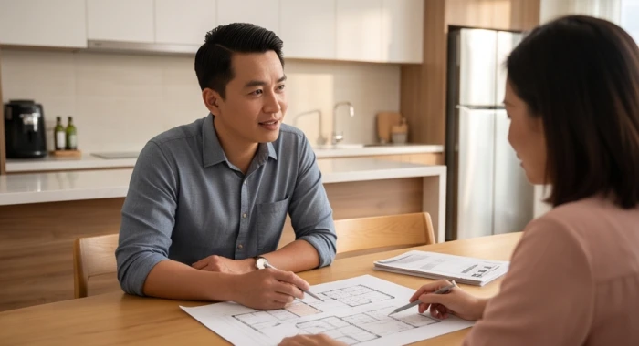 Gia chủ nam giới đứng quan sát bản vẽ thiết kế không gian bếp cùng kiến trúc sư theo tuổi trụ cột