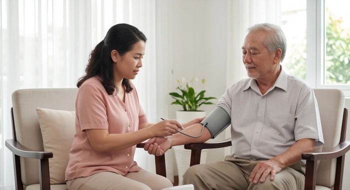 Con cháu tuổi Thân và Tý ân cần kiểm tra huyết áp và chăm sóc sức khỏe hàng ngày cho cụ Canh Thìn 1940 tại nhà
