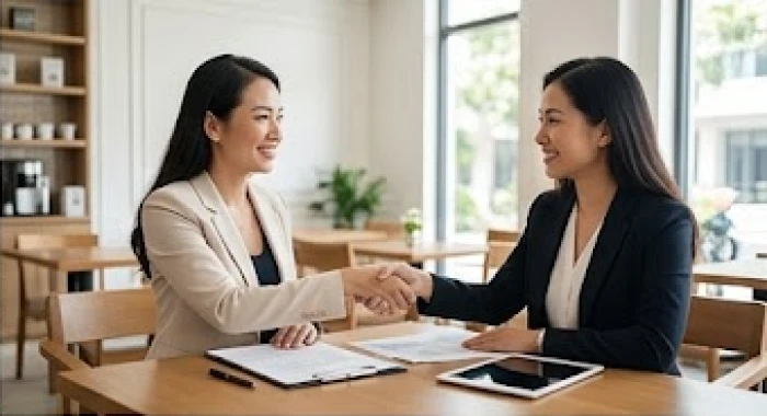 Hai nữ doanh nhân mặc trang phục thanh lịch đang bắt tay hợp tác vui vẻ trong một quán cà phê sang trọng