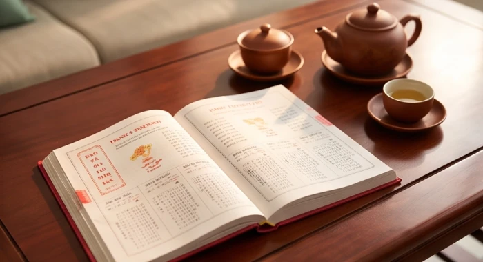Sách tử vi truyền thống đặt trên bàn trà dùng để tra cứu chọn tuổi nam giới hợp mượn làm nhà