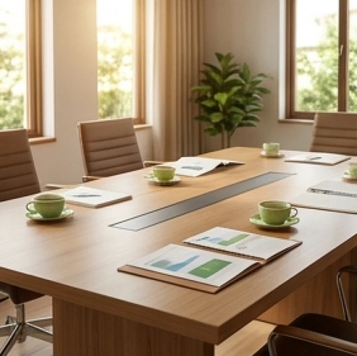 Bàn thảo luận công việc trang nhã với trà và tài liệu thể hiện sự hợp tác làm ăn thuận lợi minh bạch