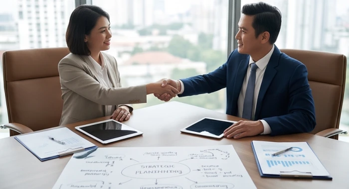 Hai đối tác kinh doanh bắt tay hợp tác chiến lược sau khi thảo luận phân chia rõ ràng vai trò vận hành và thị trường