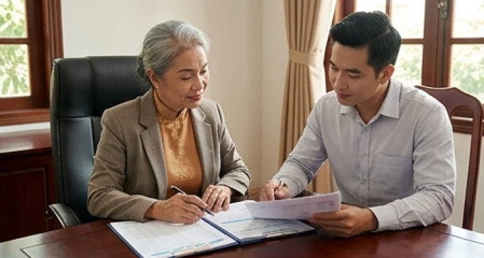 Người nữ cao niên tuổi Kỷ Sửu bàn bạc sổ sách tài chính cùng đối tác kinh doanh tại bàn làm việc
