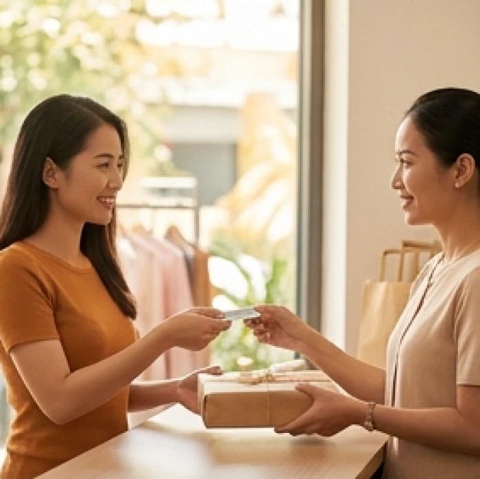 Khách hàng hợp tuổi Tý vui vẻ thanh toán nhanh gọn hóa đơn đầu tiên mừng khai trương cùng chủ tiệm Ất Sửu