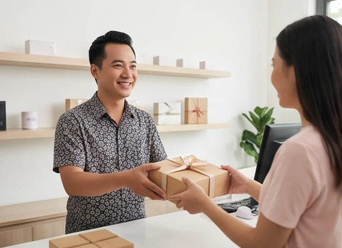 Khách hàng hợp tuổi thực hiện giao dịch mở hàng nhanh gọn tại quầy bán hàng trong ngày khai trương
