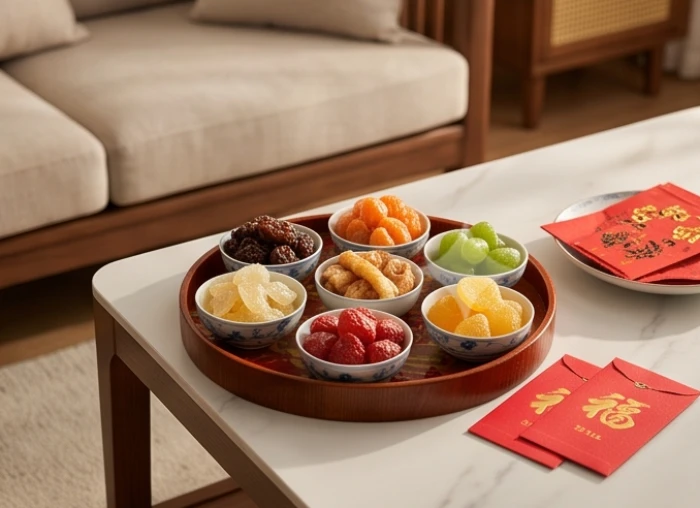 Một khay mứt Tết truyền thống cùng những phong bao lì xì đỏ tươi đặt trên bàn phòng khách để chuẩn bị đón khách xông nhà