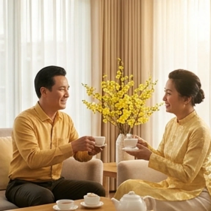 Vị khách quý hợp tuổi Dậu chúc Tết và thưởng trà cùng gia chủ Ất Sửu trong buổi sáng xông đất đầu năm