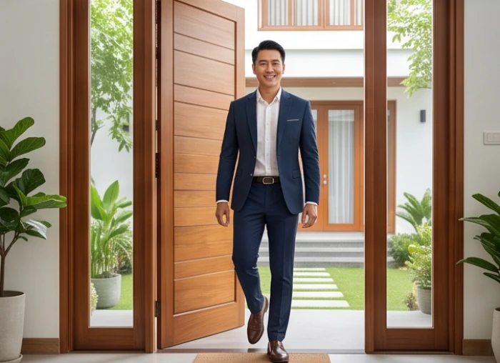 Một vị khách nam mặc áo sơ mi lịch sự đang mỉm cười bước chân phải qua bậu cửa chính ngôi nhà
