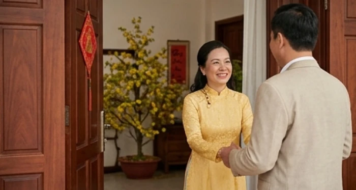 Gia chủ niềm nở chào đón khách hợp tuổi đến xông nhà và chúc tết trong ngày đầu năm mới