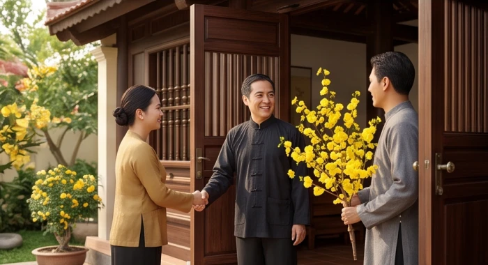 Khách xông nhà cầm cành hoa mai vàng rực rỡ đến chúc Tết trước hiên nhà gỗ truyền thống