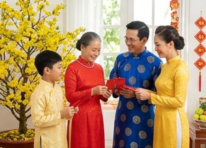 Người thân đang trao nhau phong bao lì xì đỏ kèm nụ cười rạng rỡ trong ngày đầu năm mới tại phòng khách