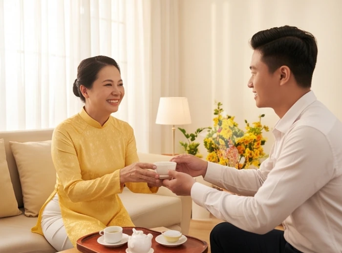 Gia chủ tuổi Giáp Tuất tươi cười đón tiếp khách hợp mệnh xông nhà sáng mùng một Tết trong không gian ấm áp