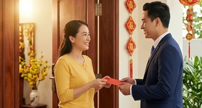 Gia chủ vui vẻ chào đón vị khách quý đến chúc tết xông đất đầu năm đầu ngày xuân
