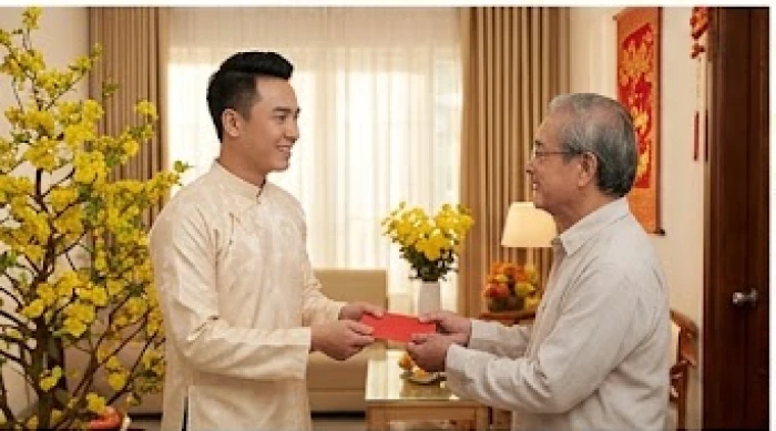 Khách chúc tết đầu xuân trao bao lì xì đỏ chúc thọ gia chủ Nhâm Thìn trong buổi xông đất mùng một Tết