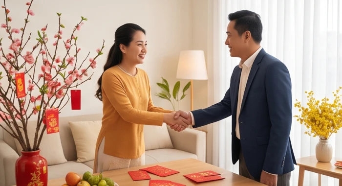 Gia chủ chúc Tết và đón khách quý xông nhà đầu năm mới trong không gian ấm cúng