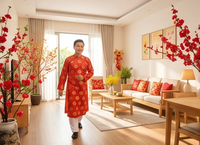 Khách quý đầu năm mặc trang phục truyền thống lịch sự mang thiệp chúc xuân đến thăm nhà gia chủ
