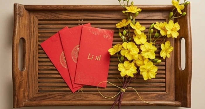 Phong bao lì xì đỏ thắm và cành mai vàng rực rỡ đặt trên khay mứt tết truyền thống ngày xuân