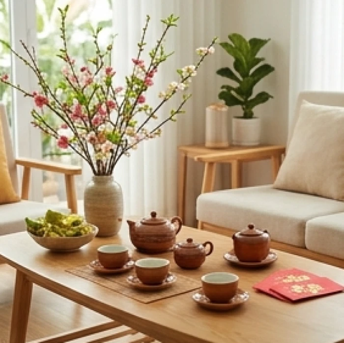 Khung cảnh tiếp khách ấm cúng đầu năm mới mang lại trường năng lượng tích cực và may mắn cho gia chủ