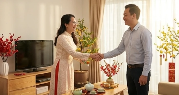 Gia chủ tuổi Tuất vui vẻ đón khách hợp mệnh xông nhà đầu năm mới trong không gian phòng khách ấm cúng