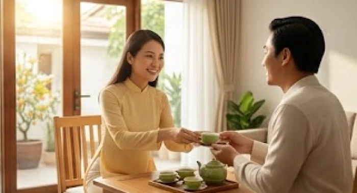 Gia chủ Canh Thìn hân hoan chào đón khách hợp tuổi xông đất đầu xuân với nụ cười rạng rỡ và chén trà chúc tết