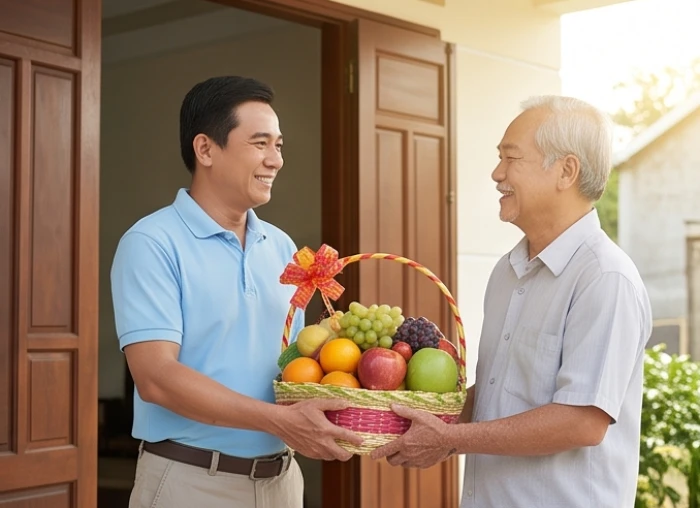 Người đàn ông trung niên mang giỏ trái cây tươi đến chúc tết gia đình lớn tuổi