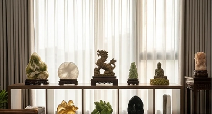 Không gian phòng khách hiện đại bài trí các vật phẩm phong thủy hợp mệnh tuổi thìn trên kệ gỗ trang trí tinh tế
