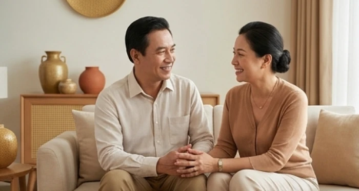 Vợ chồng gia chủ Kỷ Dậu hòa thuận trò chuyện trong phòng khách ấm cúng thể hiện sự tương sinh Thổ sinh Kim