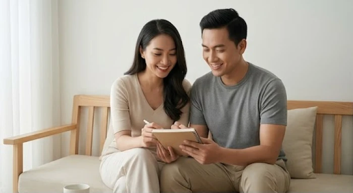 Cặp vợ chồng đang cùng nhau thảo luận công việc trong không gian phòng khách có nhiều nội thất gỗ
