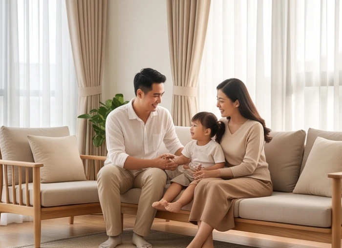 Gia đình nhỏ hạnh phúc trong phòng khách ấm cúng thể hiện sự hài hòa ngũ hành khi chồng tuổi Dần vợ tuổi Thân