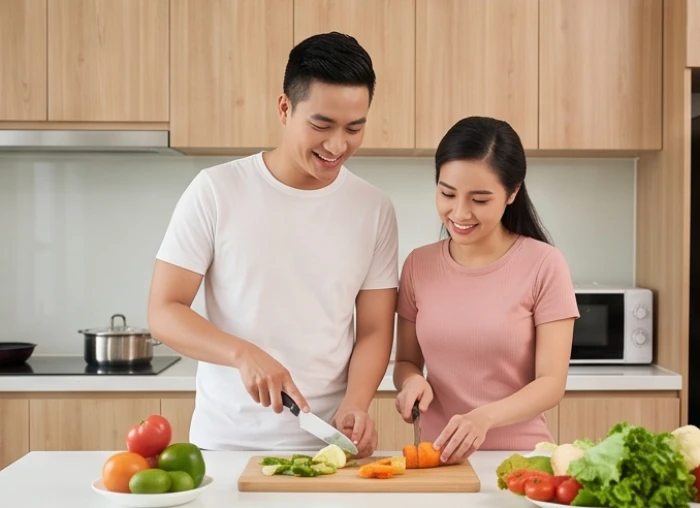 Chồng tuổi Thân và vợ tuổi Tuất vui vẻ trò chuyện chia sẻ công việc nhà trong không gian phòng ngủ hiện đại