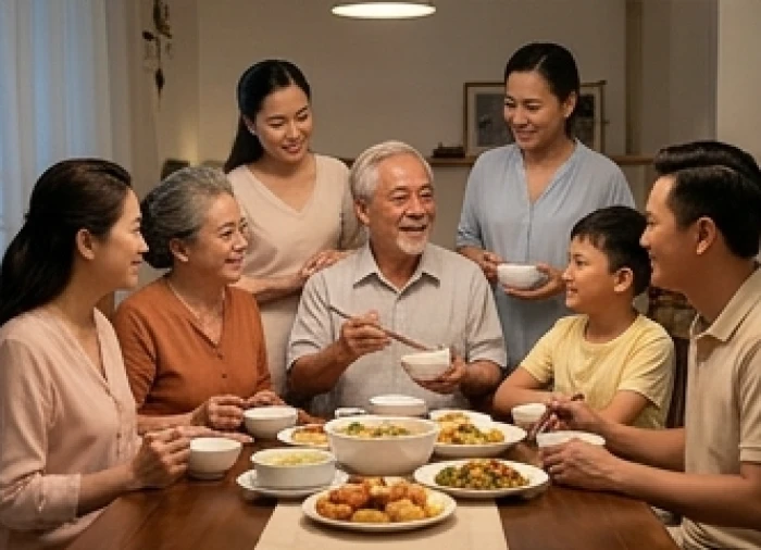 Bữa cơm gia đình ba thế hệ ấm cúng nơi con cháu chăm chú lắng nghe ông bà chia sẻ kỷ niệm xưa