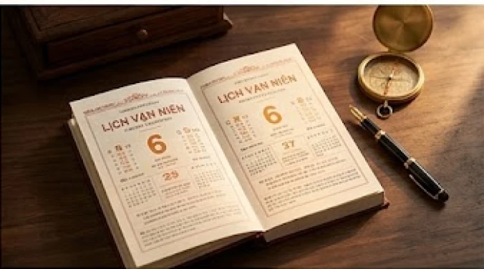 Lịch vạn niên mở ra trên bàn làm việc cạnh chiếc bút máy và la bàn thể hiện việc tra cứu thời gian