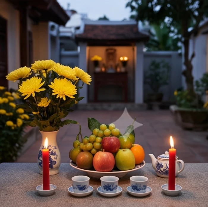 Bàn lễ cúng sao giải hạn trang nghiêm tại sân nhà với hoa tươi ngũ quả và những ngọn nến được sắp xếp cẩn trọng