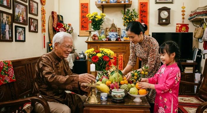 Con cháu phụ giúp ông bà tuổi Nhâm Thìn 1952 dọn dẹp nhà cửa và chuẩn bị đồ lễ đón dịp rằm tháng Giêng