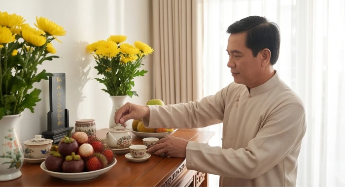 Gia chủ tuổi canh tuất 1970 năm 2026 trang nghiêm chuẩn bị mâm lễ trà quả cúng sao giải hạn tại gia
