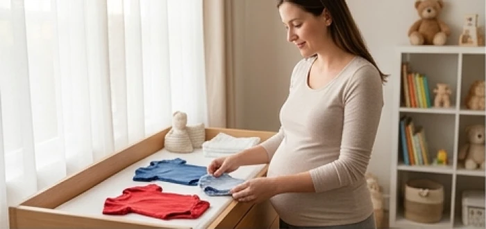 Cha mẹ đang cẩn thận chuẩn bị quần áo và vật dụng sơ sinh mang màu sắc phù hợp cho bé sinh năm 2025