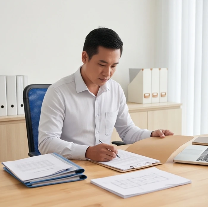 Doanh nhân sắp xếp hoàn thiện hồ sơ hợp đồng cẩn trọng trên bàn làm việc trong văn phòng ngăn nắp để chuẩn bị cho dự án mới