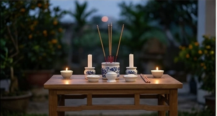 Mâm lễ nhỏ chuẩn bị sẵn sàng cho nghi thức cúng sao giải hạn tại không gian ngoài trời