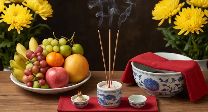 Mâm cúng thanh tịnh gồm hoa cúc tươi ngũ quả nhang trầm và chậu nước thơm sẵn sàng khai quang mặt Phật
