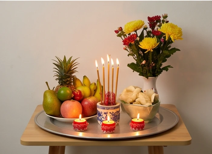 Mâm cúng giản dị với hương hoa, quả tươi và những ngọn nến được sắp xếp cẩn thận