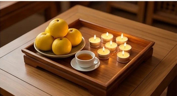 Mâm lễ cúng sao Thổ Tú được chuẩn bị trang nghiêm với các ngọn nến sắp xếp theo hình chữ Thổ